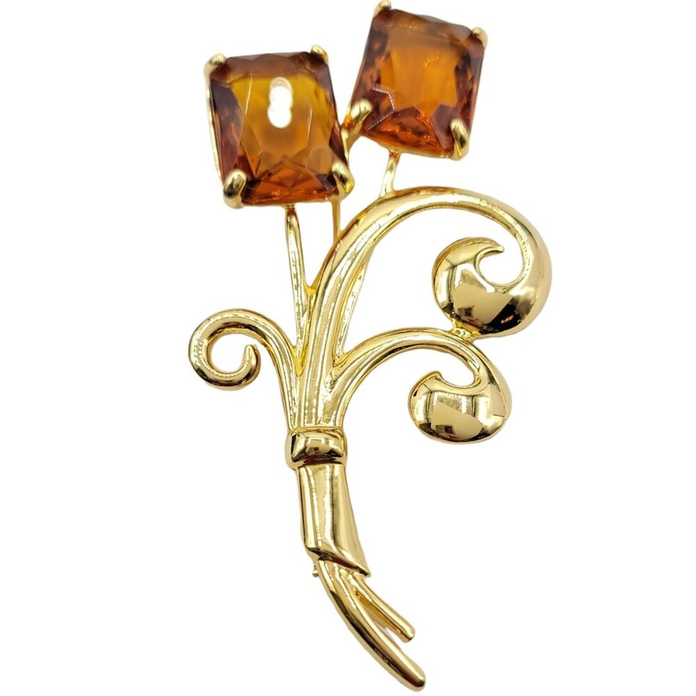 Nolan Miller Floral Topaz Faceted Glass Rhinestone Large Pin Brooch Signed